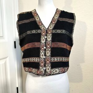 Vintage Liz Sport Womens Crochet Knit Ribbon Holiday Granny Sweater Vest Small